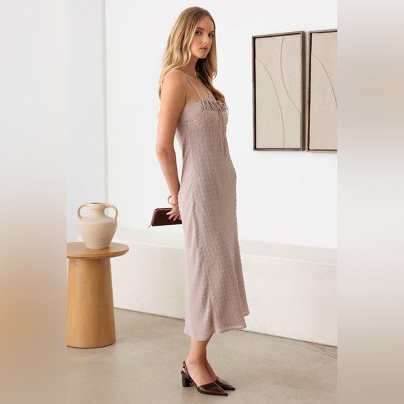 NWT-Swiss Dot Lace Trimmed Spaghetti Strap Bias Midi Dress - Picture 7 of 12